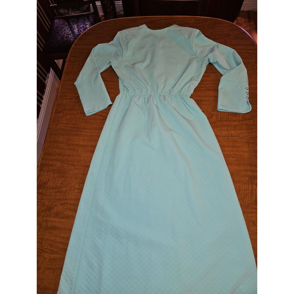 Homemade Holdeman Mennonite Dress M L Turquoise Embossed Christian Modest D5